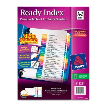 Avery Dennison Avery Ready Index T.O.C. Reference Divider, A to Z, 8.5"x11", 26 Tabs, White/Multi 11125